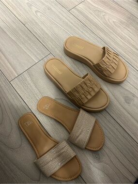 Two-Pair Women’s Tan Slide Sandals - Unbranded